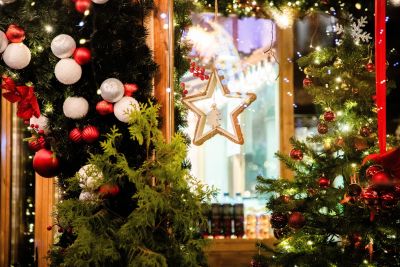 Various food items stacked on tables