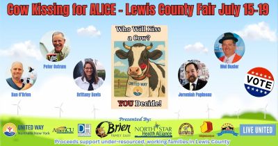Image of flyer promoting Cow Kissing for ALICE with cow in center wearing a bib with United Way logo