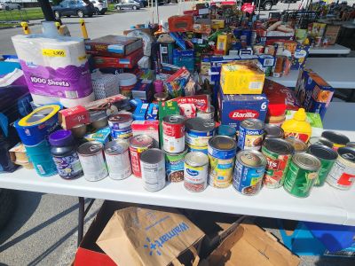 Various food items stacked on tables