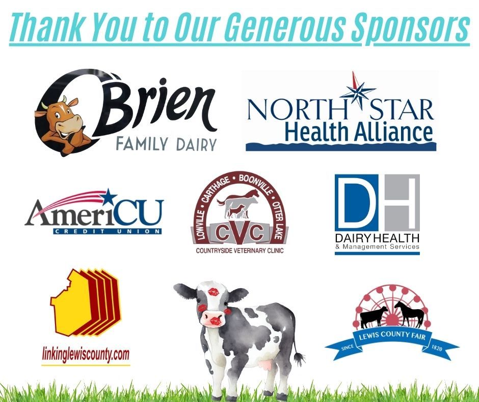 Company logos for O'Brien Family Dairy, North Star Health Alliance, AmeriCU, Countryside Veterinary Clinic, Dairy Health and Management Services, Linking Lewis County, and Lewis County Fair