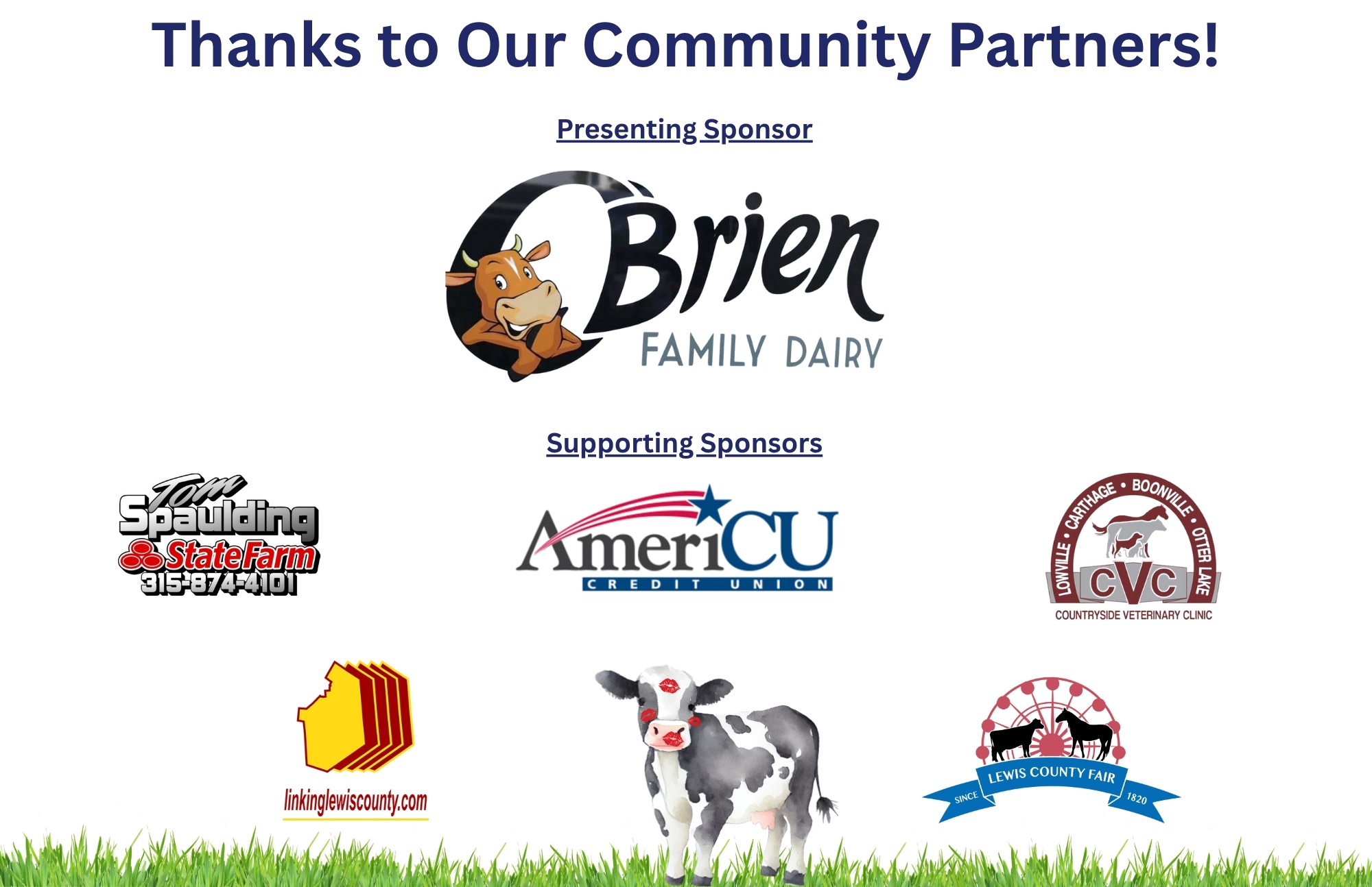Sponsor logos: O'Brien Family Dairy, State Farm Insurance, AmeriCU, Countryside Veterinary Clinic, Linking Lewis County, and Lewis County Fair. 