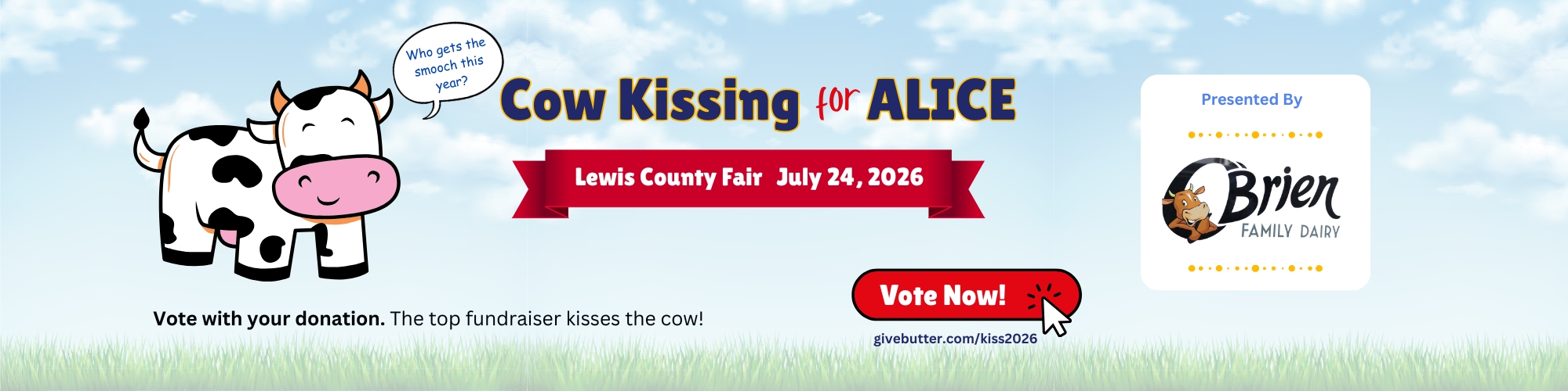Cartoon cow with Cow Kissing for ALICE headline
