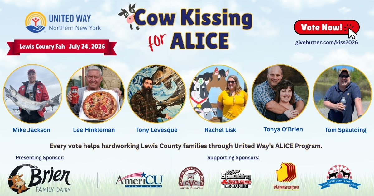 Advertisement for Cow Kissing for ALICE, featuring cow kissing candidates and sponsors.